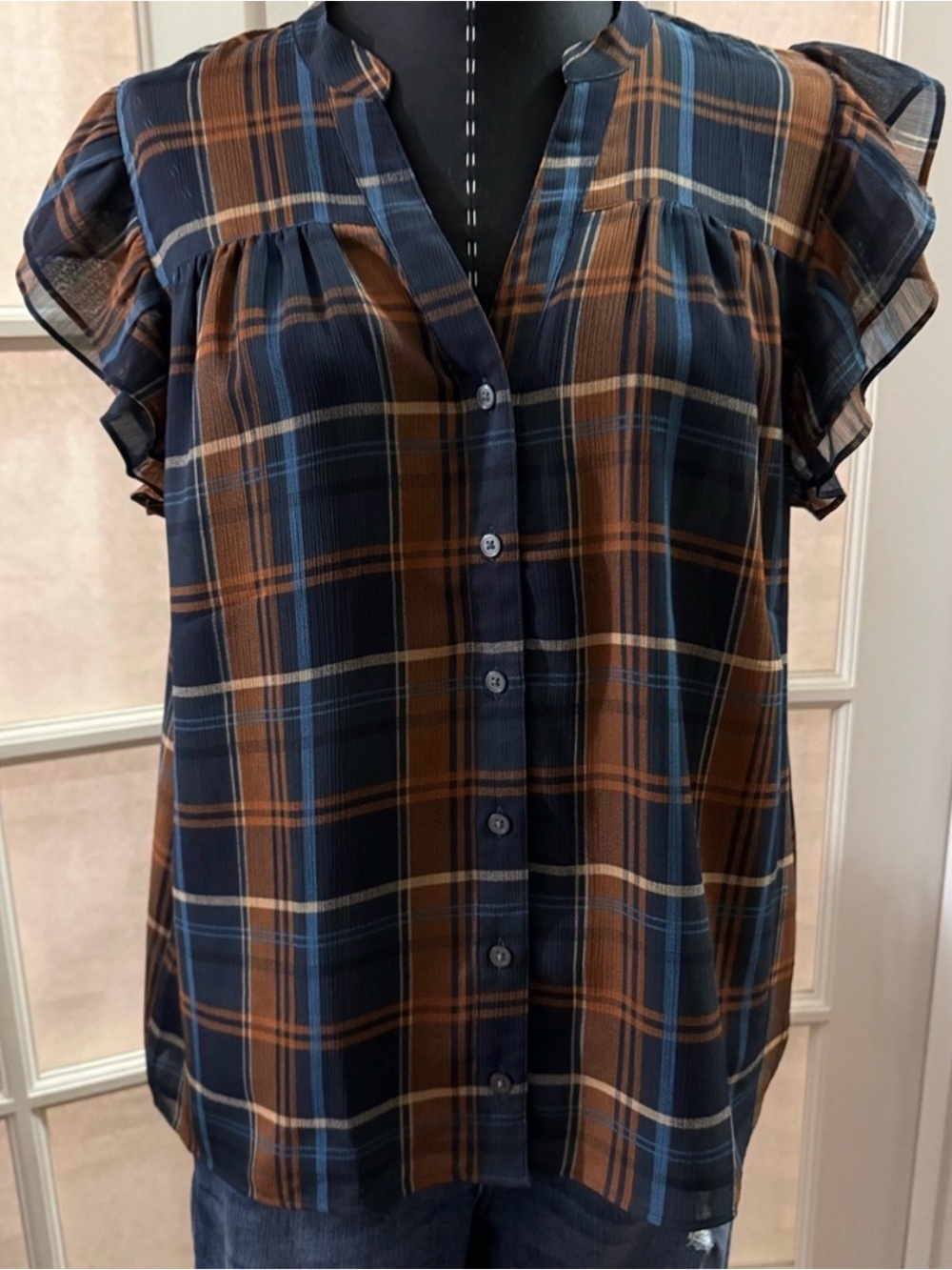 LOFT Navy Blue and Brown Plaid Flutter Sleeve Button Front Blouse